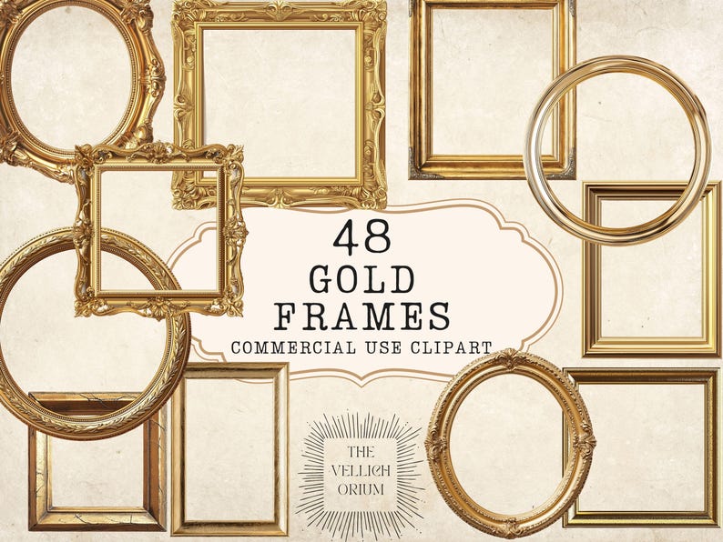 Collection of vintage and baroque-style gold frames in ornate square, oval, and round shapes with transparent backgrounds for digital design use.