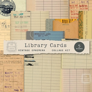 Cartões de biblioteca vintage, pacote de itens efêmeros antigos, kit de diário de lixo literário, papel de colagem retrô, itens efêmeros de diário de lixo, páginas de álbum de recortes literário
