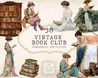 Vintage Book Clipart | Victorian Reading Woman Ephemera | Antique Bookshelf, Bookish Art, Journal Illustrations, Historical Reading Graphics