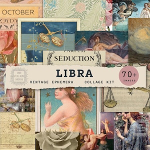 Effimere vintage della Bilancia, pagine del diario di spazzatura zodiacale, fogli di collage estetici, stampe di astrologia, arte e poesia classiche, effimere autentiche