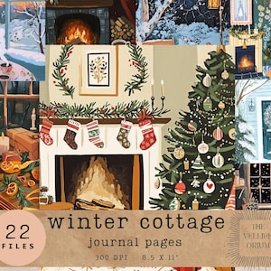 Revista digital de estilo cottagecore invernal: estética navideña / Chimenea acogedora, vacaciones rústicas, acogedora cabaña invernal, arte mural de jardín campestre