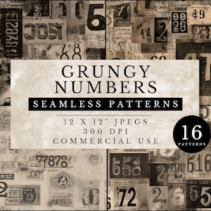 Könnte beinhalten: Eine Collage aus Vintage-Zahlengrafiken in Sepiatönen. Das Bild zeigt eine Vielzahl von Zahlen und Textfragmenten, wobei die Wörter "GRUNGY NUMBERS" und "SEAMLESS PATTERNS" prominent dargestellt werden. Enthält 16 Muster, 12 x 12 Zoll JPEGs, 300 DPI, für kommerzielle Nutzung.