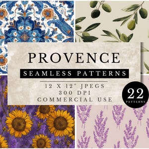 Könnte beinhalten: Eine digitale Kunstsammlung mit dem Titel "Provence Seamless Patterns" mit 22 Designs. Die Muster umfassen florale, Olivenzweig- und Zier-Motive in Blau-, Gelb-, Lila- und Grüntönen. Das Bild enthält den Text "12 x 12" JPEGs 300 DPI COMMERCIAL USE."