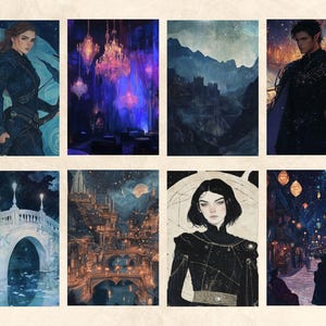 May include: A collage of nine images depicting various scenes with a fantasy theme. The images feature a woman in a blue outfit, a grand hall with chandeliers, a mountain range with a castle, a man in a black cloak, a bridge over a river, a city with lights, a woman with dark hair, a street with lanterns, and a starry night sky.
