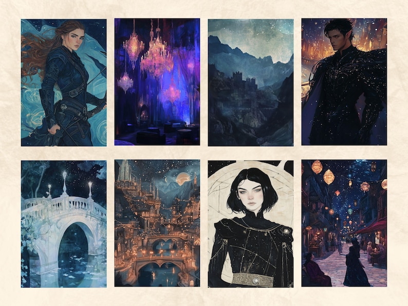 May include: A collage of nine images depicting various scenes with a fantasy theme. The images feature a woman in a blue outfit, a grand hall with chandeliers, a mountain range with a castle, a man in a black cloak, a bridge over a river, a city with lights, a woman with dark hair, a street with lanterns, and a starry night sky.