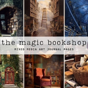 Magical Bookshop Printable Ephemera | Fantasy Library Art Journal Pages | Mixed Media Junk Journal Kit | Whimsical Digital Collage