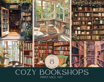 Puede incluir: Una ilustración digital de ocho acogedoras librerías con varios estilos de estanterías y ventanas. La ilustración presenta una variedad de libros, plantas y muebles, creando un ambiente cálido y acogedor. El texto "Cozy Bookshops Printable Art" se muestra en la parte inferior de la imagen.