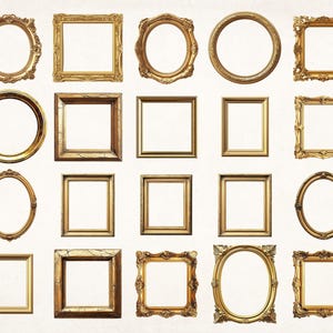 May include: A collection of ornate, gold-colored picture frames in various shapes, including round, oval, and square. The frames have detailed carvings and embellishments, with a vintage or antique aesthetic. The frames are empty, ready for photos or artwork.