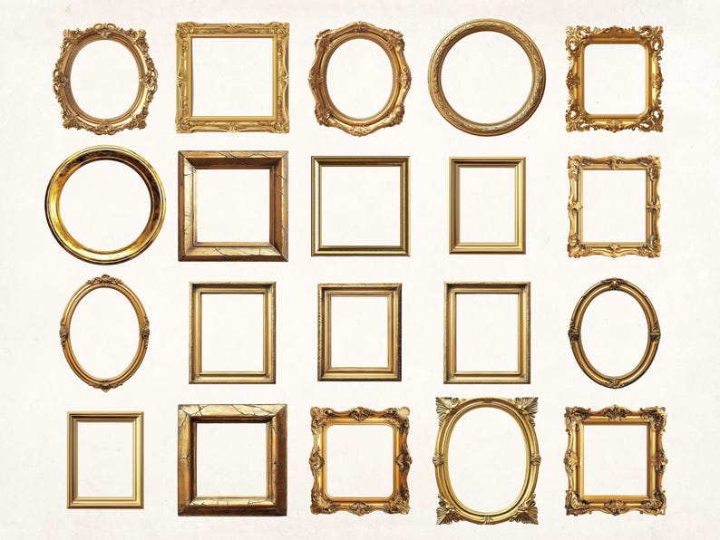 May include: A collection of ornate, gold-colored picture frames in various shapes, including round, oval, and square. The frames have detailed carvings and embellishments, with a vintage or antique aesthetic. The frames are empty, ready for photos or artwork.