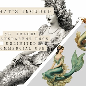 May include: A digital illustration set of 58 mermaid images. The images are in black and white and feature mermaids with long flowing hair and tails. The text "WHAT'S INCLUDED" and "58 IMAGES TRANSPARENT PNGS UNLIMITED COMMERCIAL USE" is displayed on the image.