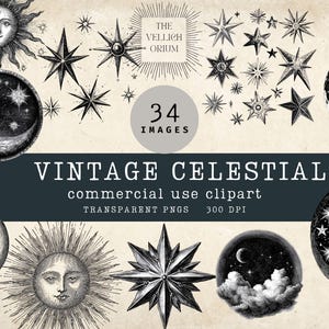 Vintage hemelse clipart-png-bundel | Zon, maan, sterren | Transparante afbeeldingen voor commercieel gebruik voor junkjournal, plakboek en collage