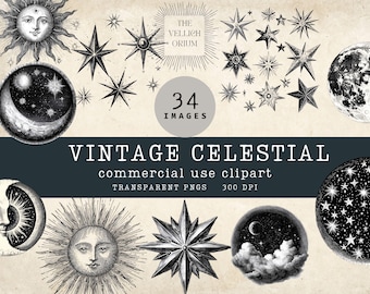 Vintage Celestial Clipart PNG Bundle | Sun, Moon, Stars | Transparent Commercial Use Images for Junk Journal, Scrapbook and Collage