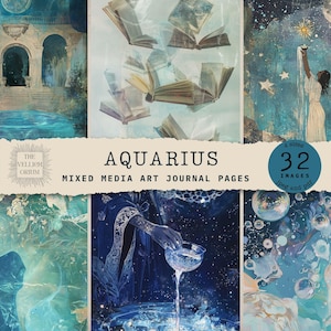 Pages de revue d'art VERSEAU | Astrologie Esthétique | Papier de scrapbooking, techniques mixtes, cartes ATC et cartes pour carnet | Élément d'air | L'art du zodiaque