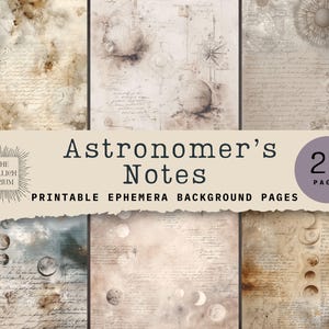 Páginas de diario celestial vintage, fondos de efímeras astronómicas, papel de carta astral antigua, papel de álbum de recortes lunar, páginas de diario digital basura