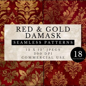 May include: Red and gold damask seamless patterns. The image displays a collection of 18 patterns with a rich red background and gold floral designs. The text on the image reads "Red & Gold Damask Seamless Patterns". Each pattern is 12 x 12 inches.