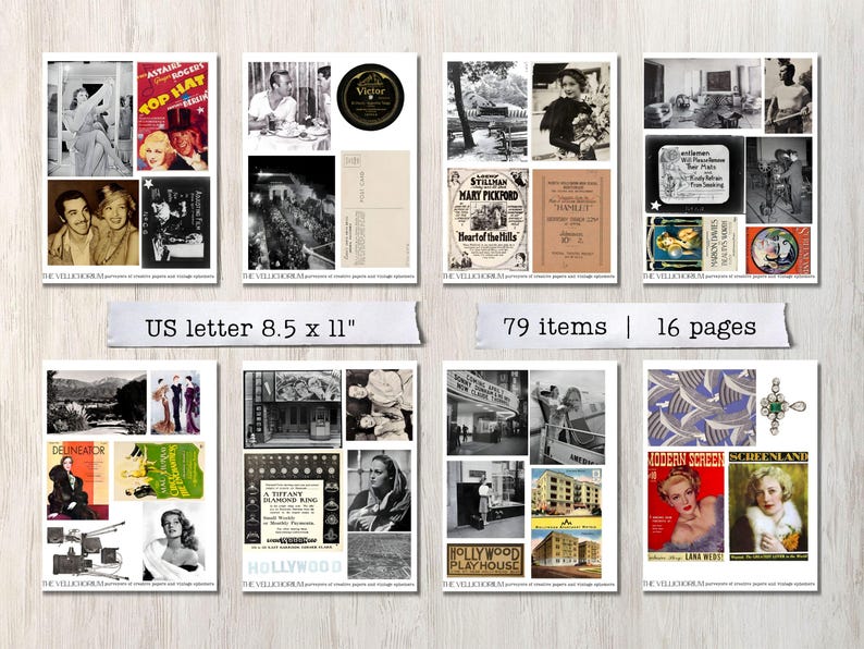 May include: A digital collage sheet with 79 vintage images, including movie stars, movie posters, and old Hollywood glamour. The collage sheet is 8.5 inches by 11 inches and has 16 pages.