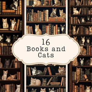 May include: A collage of 16 images featuring cats and books. Each image shows a bookshelf filled with books and a cat sitting or standing on a shelf. The cats are various breeds and colors, and the books are a mix of old and new.