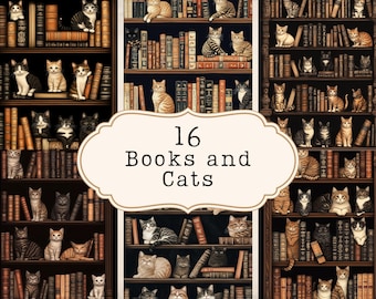 Cats on Bookshelves Digital Art, Library Junk Journal Pages (Digital Download)