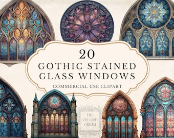 May include: A collection of 20 Gothic stained glass window designs in various shapes and colors. The windows feature intricate patterns and vibrant hues of blue, purple, orange, and gold. The text reads "20 GOTHIC STAINED GLASS WINDOWS COMMERCIAL USE CLIPART".