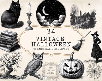 Vintage Halloween Clipart | Gothic Witch, Black Cat PNG (Digital Download)