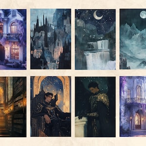 May include: A collage of nine images depicting various fantasy scenes. The images include a grand, ornate house, a towering city, a waterfall cascading down a cliff, a mountain range, a library with bookshelves, a man sitting on a throne, a man standing in a dark room, and two more images of ornate houses.