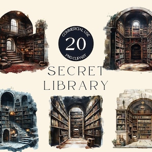 Secret Library Clipart Set, Vintage Bookstore Illustrations, Dark Academia, Transparent PNG Files | Commercial Use | Scrapbook, Journal