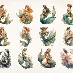 May include: Twelve watercolor illustrations of mermaids with different colored tails and hair. Each mermaid is surrounded by flowers and greenery.