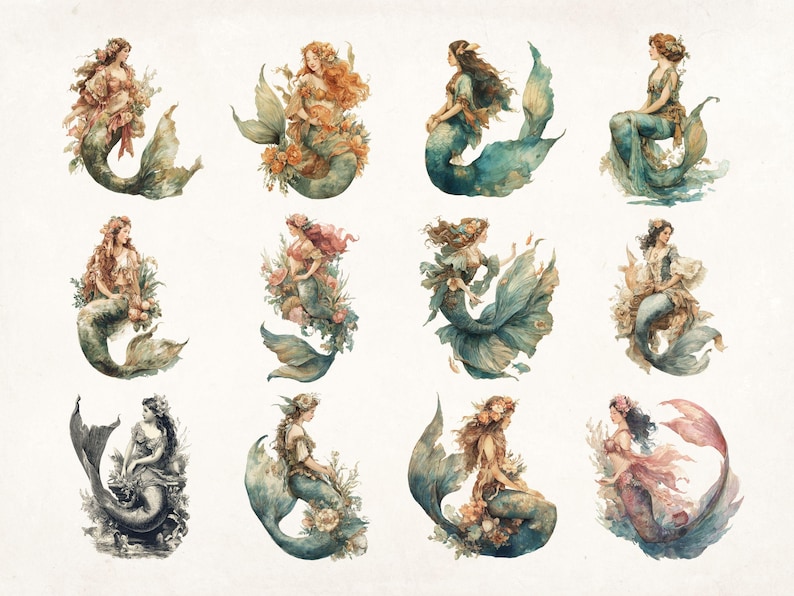 May include: Twelve watercolor illustrations of mermaids with different colored tails and hair. Each mermaid is surrounded by flowers and greenery.