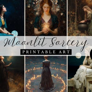 Puede incluir: Una colección de seis impresiones de arte digital con temática mística. Las impresiones presentan mujeres con vestidos fluidos, lunas, velas y orbes brillantes. El texto de la imagen dice "Moonlit Sorcery Printable Art" y "24 Images".