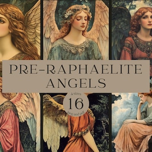 以下が含まれることがあります： 6つのラファエル前派の天使の肖像画のコラージュ。天使は羽の生えた翼を持ち、緑、ピンク、オレンジの色合いの流れるようなガウンを着ています。「PRE-RAPHAELITE ANGELS」の文字が中央のバナーに表示され、その下に「4サイズ」と「16 jpeg and pdf」と書かれています。