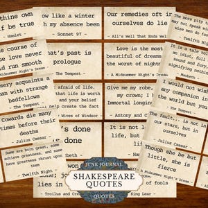 Op de afbeelding: Een verzameling vintage papieren kaarten met citaten uit de toneelstukken van Shakespeare. De kaarten hebben een verweerde uitstraling met zwarte tekst op een cr&egrave;mekleurige achtergrond. Een banner onderaan luidt "Shakespeare Quotes."