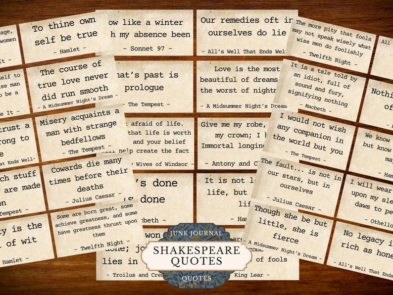 Op de afbeelding: Een verzameling vintage papieren kaarten met citaten uit de toneelstukken van Shakespeare. De kaarten hebben een verweerde uitstraling met zwarte tekst op een cr&egrave;mekleurige achtergrond. Een banner onderaan luidt "Shakespeare Quotes."