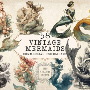Vintage Mermaid Clipart-Bundle, Ocean Junk Journal Grafiken, mythische Meereskreaturen PNG, druckbare Mermaid Art zum Basteln & Collagen