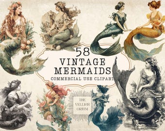 May include: A collection of 58 vintage mermaid illustrations. The mermaids are depicted in various poses and with different tail designs. The illustrations are in a variety of styles, including art nouveau and Victorian. The illustrations are perfect for use in scrapbooking, card making, and other craft projects.