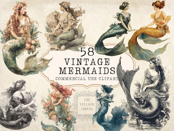 Vintage Mermaid Clipart Bundle, Ocean Junk Journal Graphics, Mythical Sea Creatures PNG, Printable Mermaid Art for Crafts & Collage
