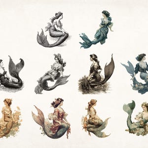 May include: Nine illustrations of mermaids with different colored tails and clothing. The mermaids are all sitting with their tails curled behind them. The illustrations are in a vintage style.