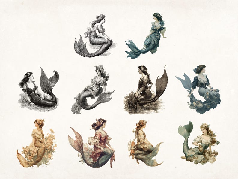 May include: Nine illustrations of mermaids with different colored tails and clothing. The mermaids are all sitting with their tails curled behind them. The illustrations are in a vintage style.