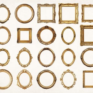 May include: A collection of antique gold picture frames in various shapes, including oval, round, and square. The frames have ornate detailing and are arranged against a neutral background, showcasing their vintage aesthetic.
