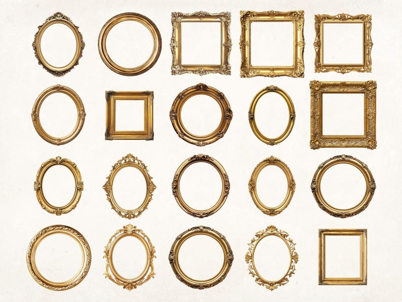 May include: A collection of antique gold picture frames in various shapes, including oval, round, and square. The frames have ornate detailing and are arranged against a neutral background, showcasing their vintage aesthetic.