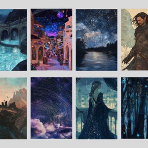 May include: A collage of nine images featuring various fantasy scenes. The images include a bridge over a blue river, a city street at night, a starry sky over a lake, a man with wings, a mountain range, a starry sky with clouds, a woman in a long dress, and a forest with glowing trees.