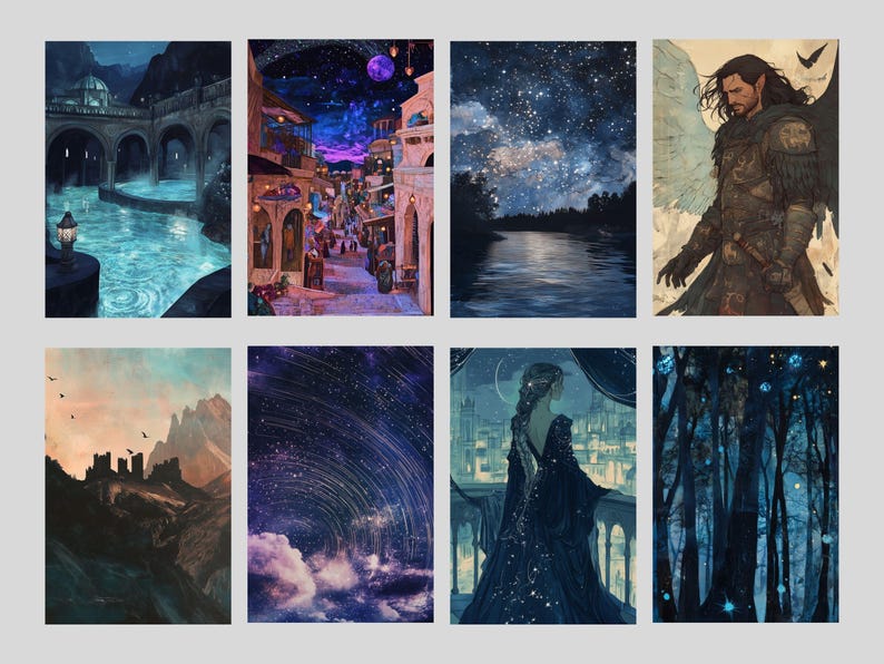 May include: A collage of nine images featuring various fantasy scenes. The images include a bridge over a blue river, a city street at night, a starry sky over a lake, a man with wings, a mountain range, a starry sky with clouds, a woman in a long dress, and a forest with glowing trees.
