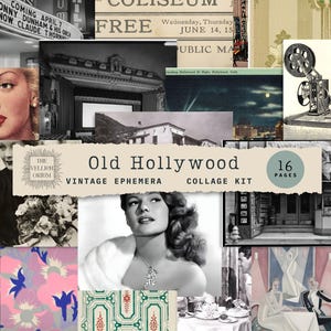 curated Old Hollywood Vintage Ephemera Collage Kit featuring 16 pages of retro glamor designs. iconic images of classic movie stars, historic theaters, vintage advertisements, and nostalgic patterns perfect for scrapbooking and crafting projects.