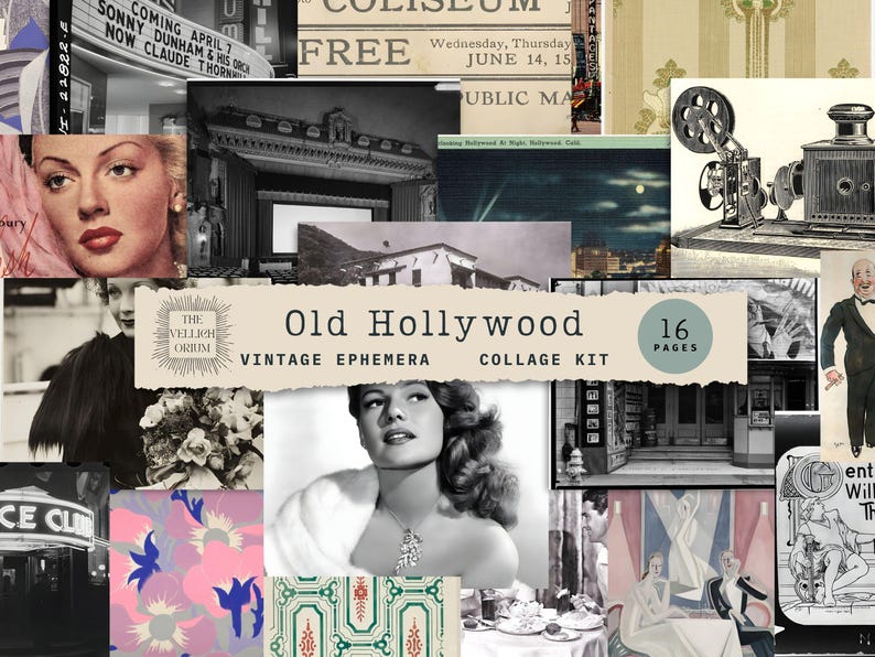 curated Old Hollywood Vintage Ephemera Collage Kit featuring 16 pages of retro glamor designs. iconic images of classic movie stars, historic theaters, vintage advertisements, and nostalgic patterns perfect for scrapbooking and crafting projects.