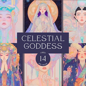 Pagine del diario della dea celeste / Arte digitale stampabile fantasy, carta per album, estetica cosmica pastello, ATC, schede di diario e cartoline