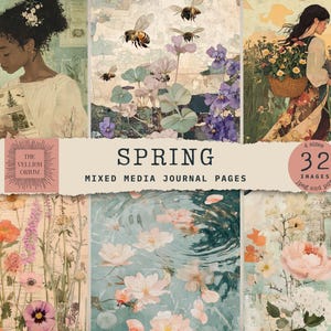LENTE | Pagina's met gemengde media, vintage ongewenste dagboekpagina's, digitale collage | Sjofele esthetiek | Plakboekpapier, ATC's en journaalkaarten