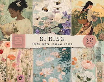 May include: A set of 32 digital journal pages with a spring theme. The pages feature floral illustrations, watercolors, and vintage-inspired designs. The text "SPRING MIXED MEDIA JOURNAL PAGES" is displayed on the page.