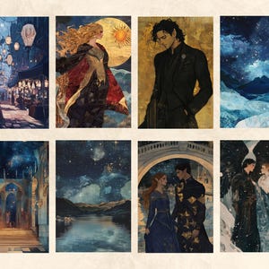 May include: A collage of eight images featuring a variety of scenes, including a bustling night market, a woman in a flowing red and gold dress, a man in a black suit, a starry night sky, a castle with a grand entrance, a lake with mountains in the background, a couple standing under a bridge, and a couple walking in a snowy landscape.
