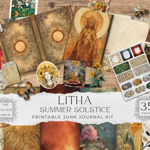Op de afbeelding: Een verzameling elementen voor een printbaar journal kit in vintage stijl. De kit bevat decoratief papier, stickers en ephemera met bloemen-, zon- en hemelse motieven. De tekst "Litha Summer Solstice Printable Junk Journal Kit" is zichtbaar.