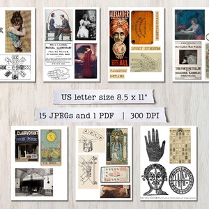 May include: A collection of vintage images related to fortune telling, palmistry, and clairvoyance. The images include a fortune teller, a hand with lines, a crystal ball, and a Ouija board. The images are in black and white and sepia tones.