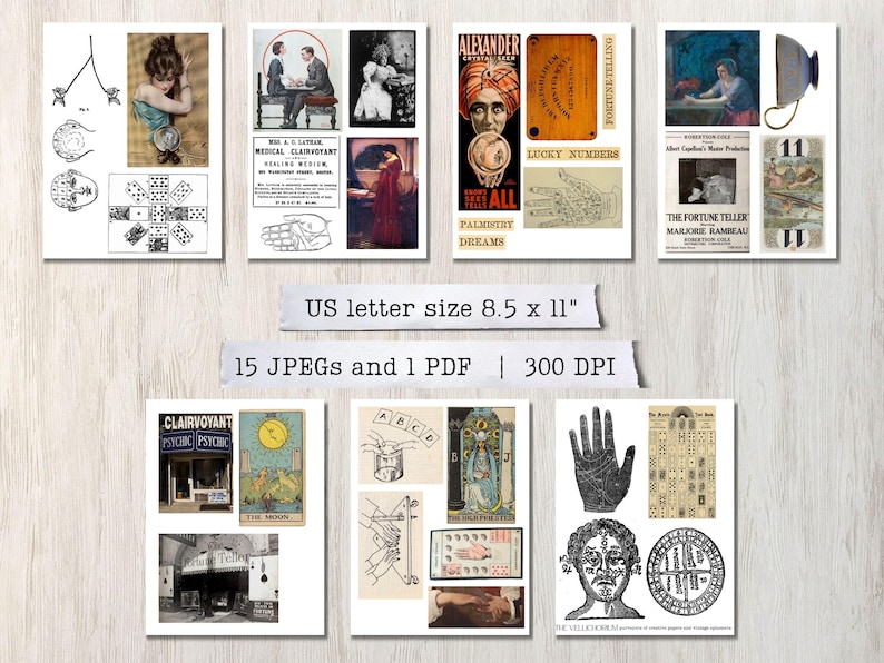 May include: A collection of vintage images related to fortune telling, palmistry, and clairvoyance. The images include a fortune teller, a hand with lines, a crystal ball, and a Ouija board. The images are in black and white and sepia tones.